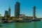 BATUMI, GEORGIA: Boats on the pier and skyscrapers in Batumi on a sunny day.