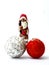 baubles in front of chocolate christmas figure, sweet chocolate santa claus on white background. focus on foreground