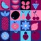 Bauhaus fruits pattern seamless. Abstract geometric food, bright colorful blue and pink. Natural organic agriculture background.