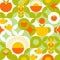 Bauhaus inspired geometric apple green seamless pattern with the sun, apples and tea cups