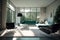 Bauhaus style interior of living room in teal colors iwith large windows