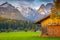 Bavarian alps autumn and wooden barn at sunset, Garmisch Partenkirchen, Germany