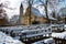 Bavarian beer garden in winter covered in snow