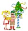 Bavarian couple with dirndl and lederhosen in front of a maypole