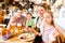 Bavarian family in German restaurant eating