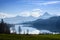 Bavarian landscape, Weissensee lake in morning light in front of the mountains of the Bavarian Alps near Fuessen, Germany