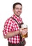 Bavarian man with leather pants drinking beer from a mug