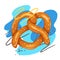 Bavarian pretzel treat with abstract lines and color spots. Baking bun with sprinkles. German food at Oktoberfest. Vector cartoon