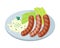 Bavarian Sausages with Pasta and Lettuce on Plate