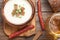 Bavarian tasty beer cream soup with dill croutons