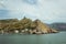 The Bay of Balaklava and the Ruins of Genoese fortress Cembalo. Balaklava, Crimea. beautiful seascape