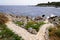 Bay beach sea pathway stone to mediterranean in Juan-les-Pins Antibes in France