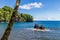 Bay on Big Island, Hawaii. Blue sea with rock; palm tree in foreground. Coastline and blue sky in background.