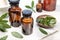 Bay laurel essential oil on vintage apothecary bottle