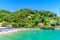 Bay of Paraggi in Santa Margherita Ligure with paradise white beach, close to Portofino. Mediterranean sea of Italy