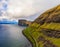 Bay with Risin and Kellingin sea stacks on Faroe Islands