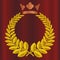 Bayleaf wreath crown award on velvet red curtain background. Royal crown in copper color. Victory, honor, quality vector