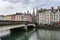 BAYONNE, FRANCE - Old houses by the river La Nive in the center of Bayonne, Aquitaine, France