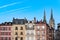 Bayonne in the pays Basque, typical facades, with the cathedral in background