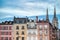 Bayonne in the pays Basque, typical facades, with the cathedral in background