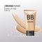 BB Cream plastic tube Template. Makeup mockup for ads or magazine whith liquid foundation on glitter sparkle background