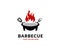 BBQ barbecue grill, grilling, cooking, meat. Flaming barbecue grill with cooking meal logo design. Barbecue fire with round grill