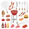 Bbq barbecue isolated elements set with outdoor grill rig bottles of sauce raw food and flatware vector illustration