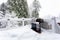 BBQ cooker with beer during winter time on home outdoor deck