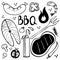 Bbq doodle set. Hand drawn modern barbeque cooking food collection, meat, vegetables and tools for grill party, vector