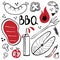 Bbq doodle set. Hand drawn modern barbeque cooking food collection, meat, vegetables and tools for grill party, vector