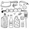 Bbq doodle set. Hand drawn modern barbeque cooking food collection, meat, vegetables and tools for grill party, vector