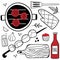 Bbq doodle set. Hand drawn modern barbeque cooking food collection, meat, vegetables and tools for grill party, vector