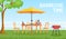 Bbq in garden. Cartoon summer outdoor backyard barbecue party with furniture, umbrella, food on grill. Home picnic in