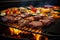 BBQ grill closeup with mouthwatering grilled meat and vegetables