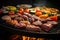 BBQ grill closeup with mouthwatering grilled meat and vegetables