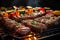 BBQ grill closeup with mouthwatering grilled meat and vegetables