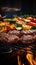 BBQ grill closeup with mouthwatering grilled meat and vegetables