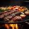 BBQ grill closeup with mouthwatering grilled meat and vegetables