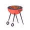BBQ grill cooking meat steak, sausages and vegetables. Picnic device for barbecue party. Barbeque equipment, brazier