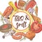 BBQ and Grill Hand Drawn Design with Steak, Fish and Meat. Picnic Party