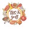 BBQ and Grill Hand Drawn Design with Steak, Fish and Sauce. Picnic Party