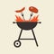 BBQ grill logo or icon. Barbecue emblem with fire, crossed forks with sausage, meat or steak. Vector illustration.