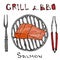 BBQ and Grill Logo. Salmon Filet on a Barbeque Grill. With Fork and Tongs. Seafood Logo. Sea Restaurant Menu. Hand Drawn