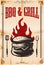 BBQ & grill. Poster template with burger illustration on grunge background. Design element for card, banner, flyer, restaurant men