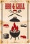 BBQ & grill. Poster template with grill illustration on grunge background. Design element for card, banner, flyer, restaurant menu