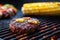 a bbq grill smoky with charred corn and burger patties