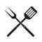 BBQ or grill tools icon. Crossed barbecue fork with spatula.