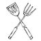 BBQ or Grill Tools Icon. Crossed Barbecue Fork with Spatula. Isolated On a White Background. Realistic Doodle Cartoon