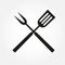 BBQ or grill tools icon. Crossed barbecue fork with spatula. Vector illustration