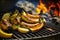 Bbq, grilled bananas on grill grate with fire. Close-up view. Summer picnic outdoors. Created with Generative AI technology